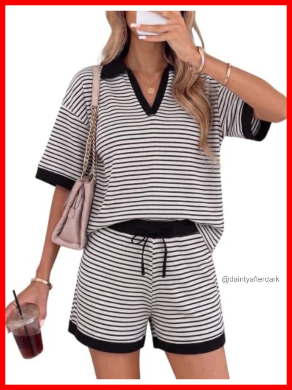 Women's Waffle Knit Striped 2 Piece Short Set Collared Top Loungewear